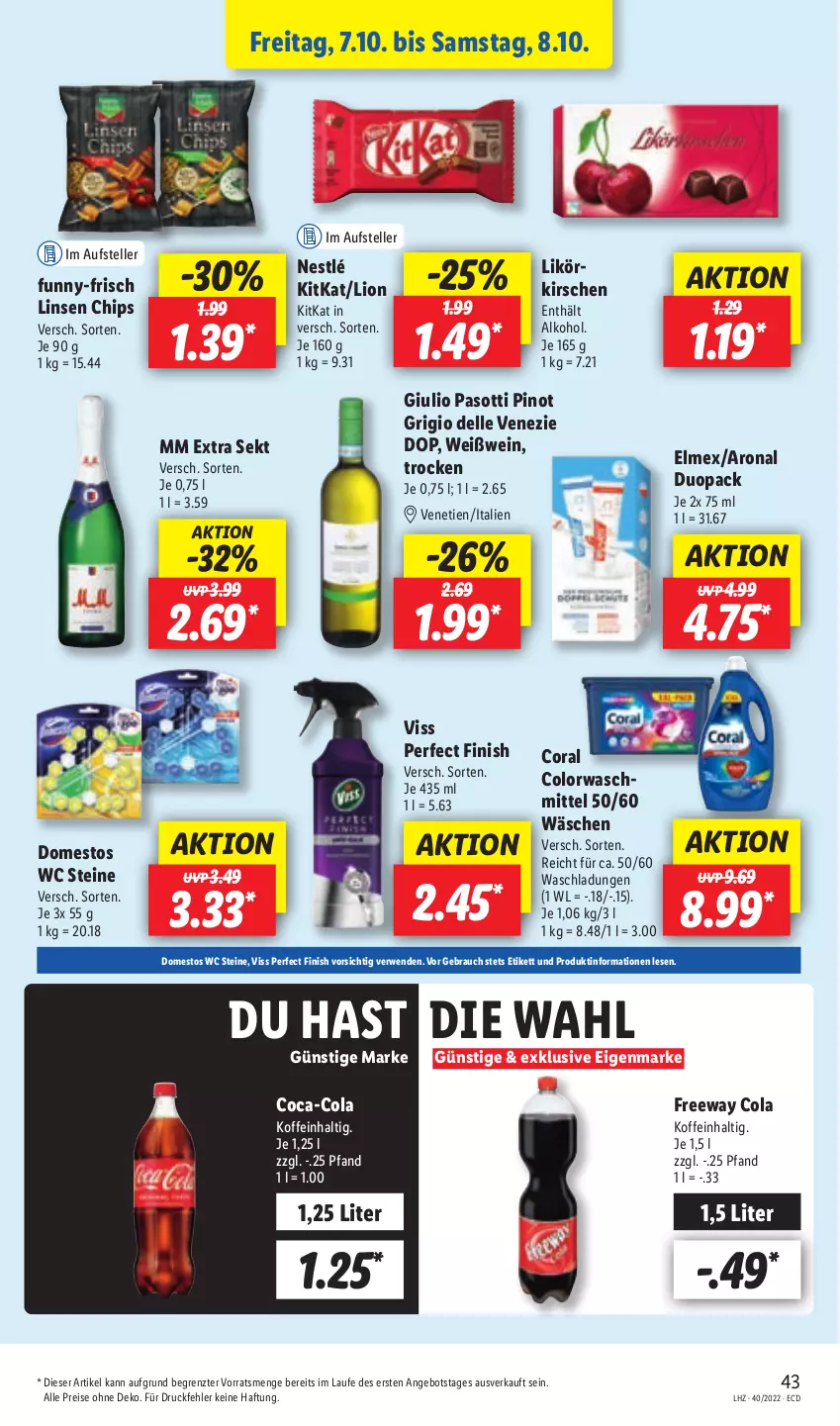 Aktueller Prospekt Lidl - Aktionsprospekt - von 04.10 bis 08.10.2022 - strona 47 - produkty: alkohol, angebot, chips, coca-cola, cola, colorwaschmittel, Coral, dell, domestos, eis, elle, elmex, Finish, funny-frisch, kirsch, kirsche, kirschen, kitkat, likör, linsen, lion, mm extra, nestlé, Pinot, pinot grigio, Rauch, reis, rwe, sekt, teller, Ti, waschmittel, wein, Weißwein, ZTE