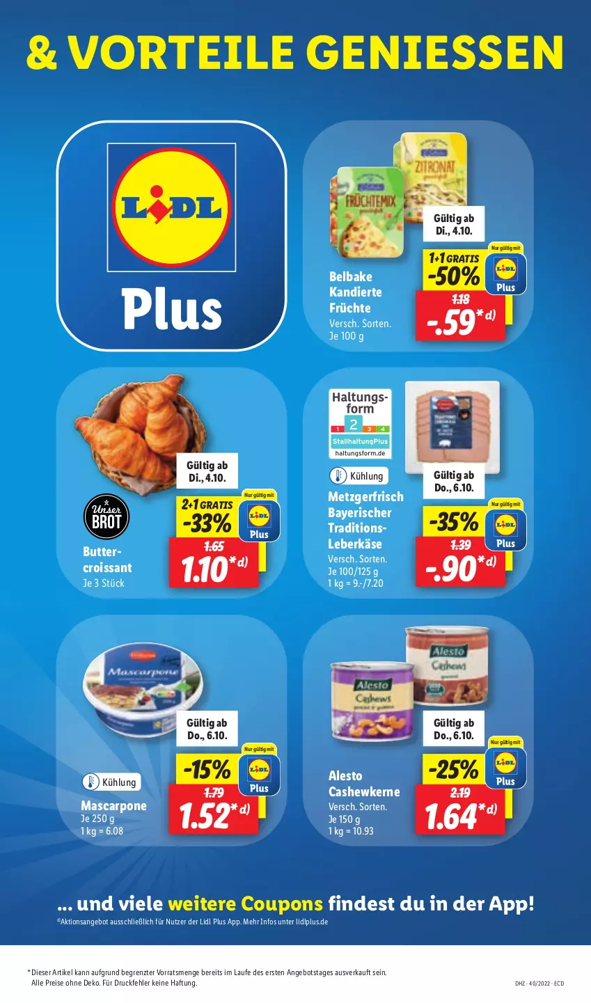 Aktueller Prospekt Lidl - Aktionsprospekt - von 04.10 bis 08.10.2022 - strona 49 - produkty: alesto, angebot, brot, butter, Cashew, cashewkerne, coupon, coupons, Croissant, eis, früchte, Käse, leberkäs, leberkäse, mascarpone, reis, Ti, ZTE