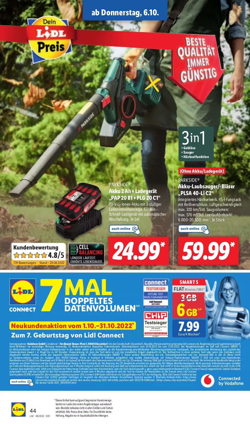 Aktueller Prospekt Lidl - Aktionsprospekt - von 04.10 bis 08.10.2022 - strona 50 - produkty: akku, Akku-Laubsauger, aldi, angebot, auer, auto, braun, Brei, buch, dell, eis, elle, erde, gin, inklusivleistungen, ladegerät, Laubsauger, LG, Liege, Mode, Parkside, Rauch, reis, rwe, sac, Schal, sim, Soda, Tchibo, Ti, tisch, vodafone, Yo, ZTE