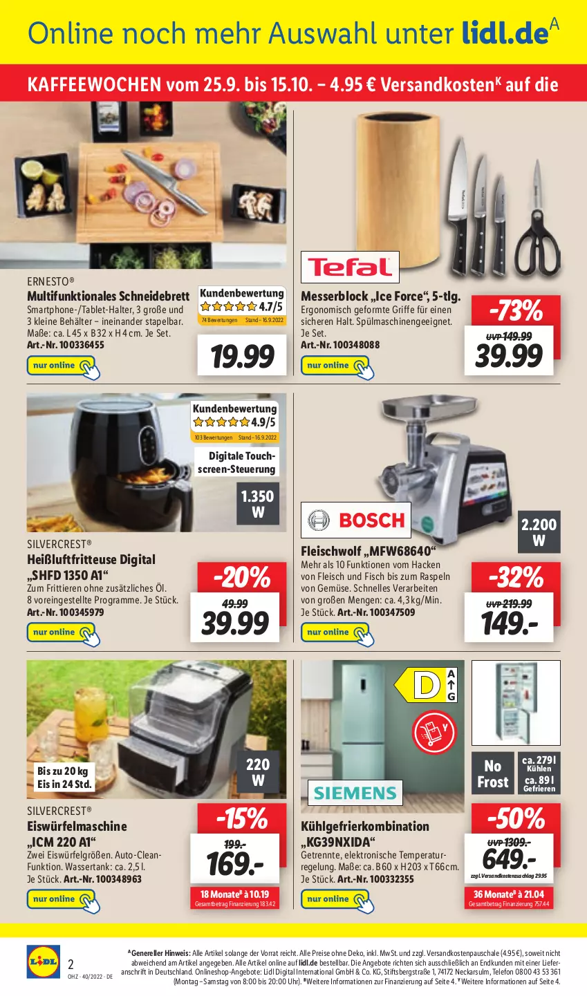 Aktueller Prospekt Lidl - Aktionsprospekt - von 04.10 bis 08.10.2022 - strona 52 - produkty: angebot, angebote, auto, Behälter, eis, eiswürfel, Elektro, elle, ernesto, fisch, fleisch, fritteuse, gefrierkombination, Heißluftfritteuse, kaffee, leine, LG, messer, messerblock, ndk, reis, rel, Schal, Schale, schneidebrett, silvercrest, smartphone, spülmaschinen, tablet, telefon, Ti, Tiere, touchscreen, uhr, wasser, wassertank, würfel