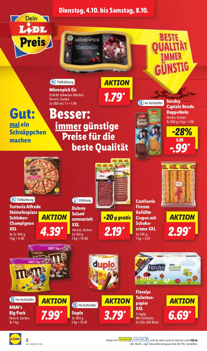 Aktueller Prospekt Lidl - Aktionsprospekt - von 04.10 bis 08.10.2022 - strona 6 - produkty: alkohol, Cap, champignon, creme, dulano, duplo, eis, elle, Floralys, keks, mac, Mantel, mövenpick, mövenpick eis, ndk, Ofen, papier, pizza, reis, Ria, salami, Schal, Schale, schinken, schnäppchen, schoko, Sondey, steinofen, teller, Ti, toilettenpapier