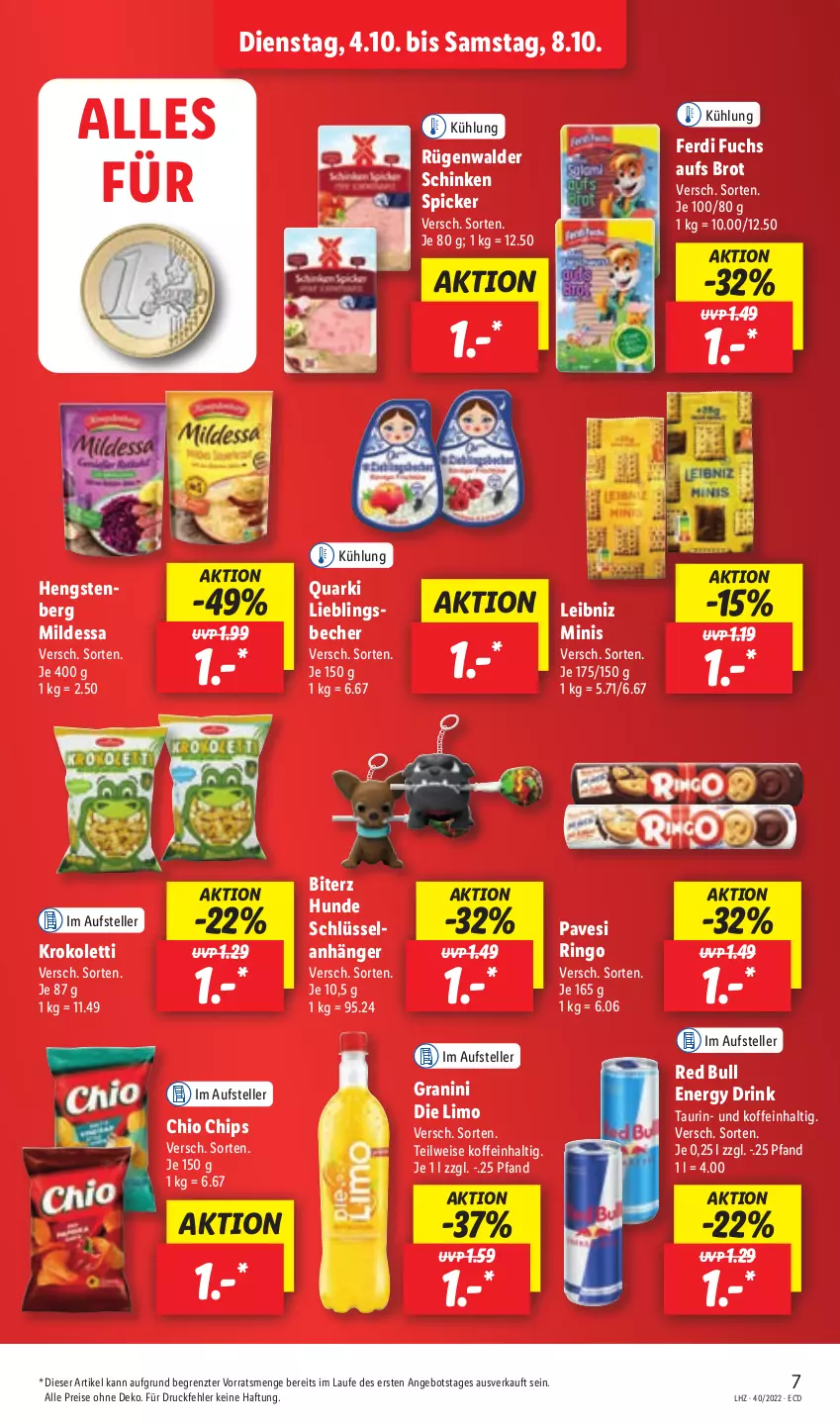 Aktueller Prospekt Lidl - Aktionsprospekt - von 04.10 bis 08.10.2022 - strona 7 - produkty: angebot, Anhänger, Becher, brot, chio chips, chips, drink, eis, elle, energy drink, ferdi fuchs, granini, granini die limo, leibniz, limo, quark, Quarki, red bull, reis, ring, rügenwalder, schinken, schinken spicker, teller, Ti, ZTE