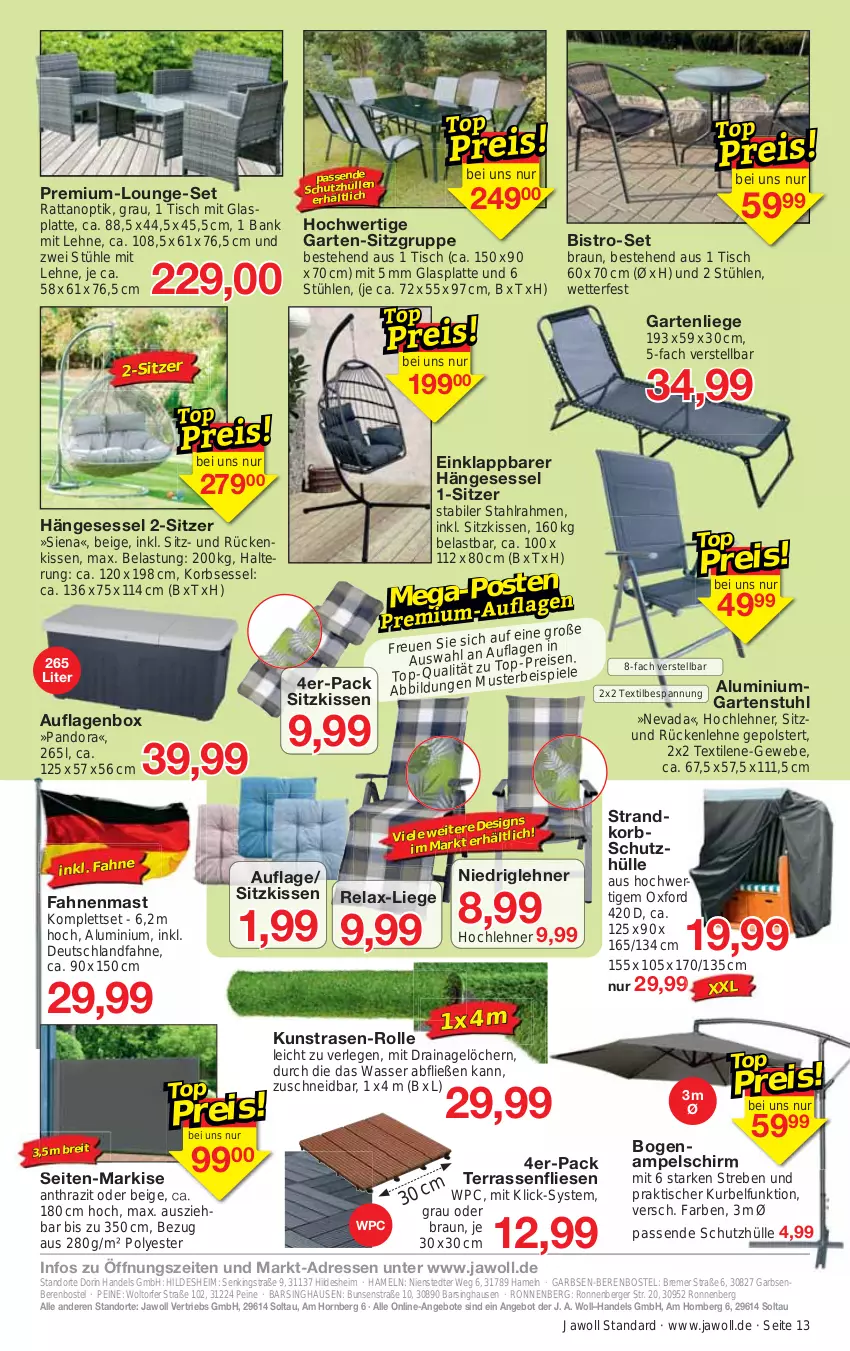 Aktueller Prospekt Jawoll - Prospekte - von 23.04 bis 29.04.2023 - strona 15 - produkty: ampelschirm, angebot, angebote, auflagenbox, Bank, Berger, braun, Brei, eis, Garten, gartenliege, gartenstuhl, glasplatte, hängesessel, HP, kissen, korb, kunstrasen, latte, Liege, lounge-set, ndk, rasen, reis, rel, Rückenkissen, rückenlehne, schutzhülle, senf, sessel, siena, sitzkissen, Spiele, strandkorb, Stühl, stuhl, Ti, tisch, wasser