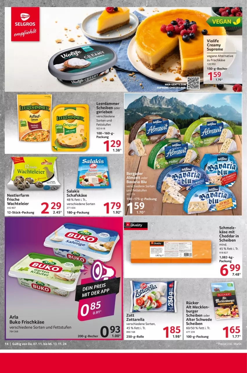 Aktueller Prospekt Selgros - Food - von 07.11 bis 13.11.2024 - strona 14 - produkty: arla, Becher, Buko, burger, cheddar, eier, frischkäse, Käse, rel, salakis, schafskäse, tee, Ti, zott, zottarella