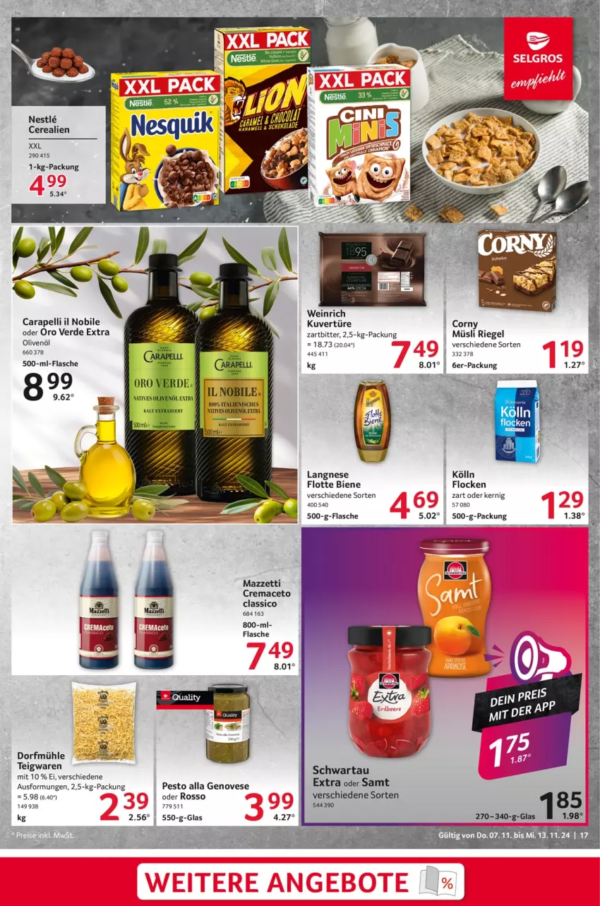 Aktueller Prospekt Selgros - Food - von 07.11 bis 13.11.2024 - strona 17 - produkty: aceto, cerealien, classico, corny, erde, flasche, genovese, kölln, langnese, mac, müsli, olive, oliven, olivenöl, pesto, riegel, Schwartau, teigwaren, Ti, wein