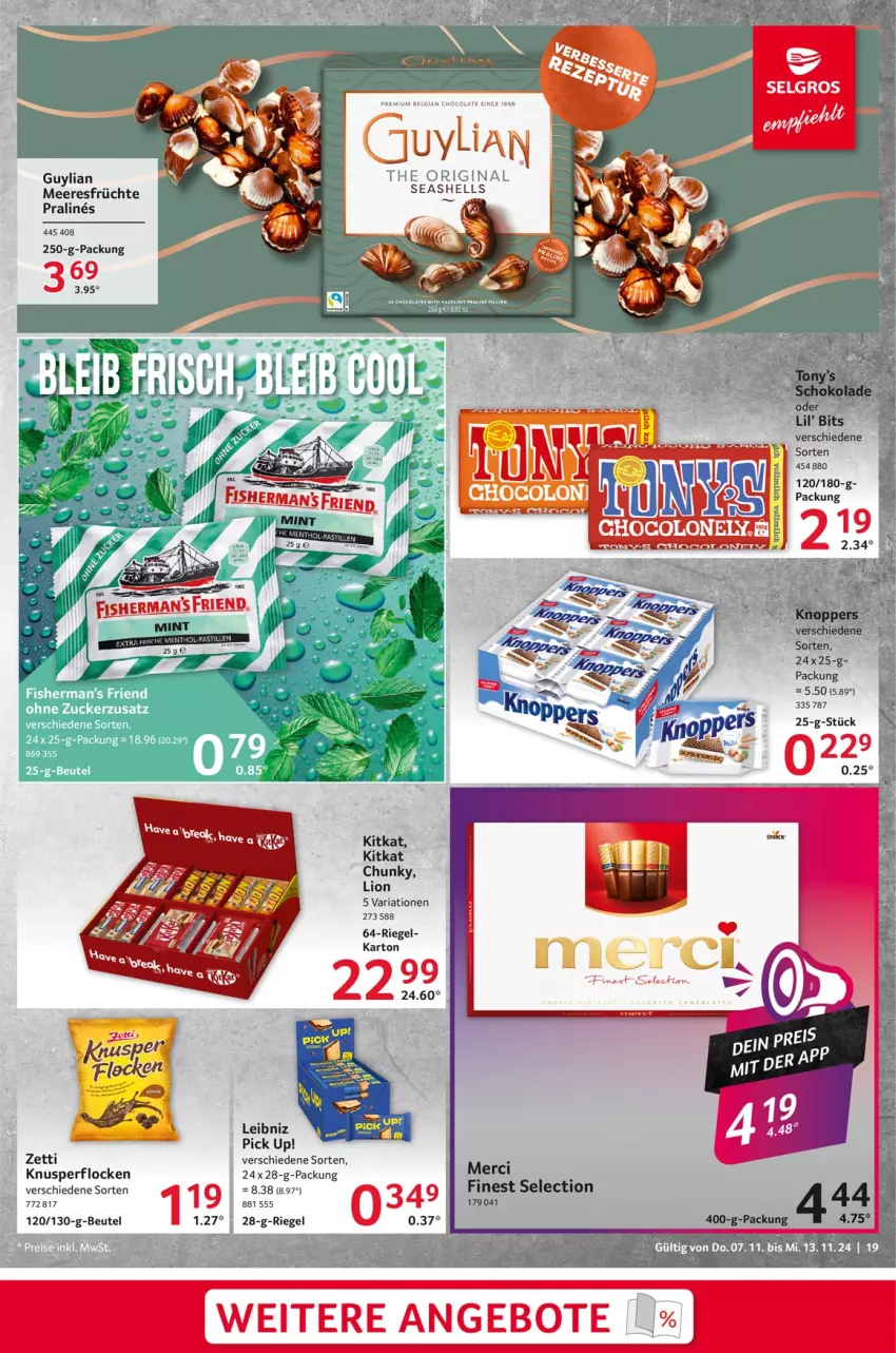 Aktueller Prospekt Selgros - Food - von 07.11 bis 13.11.2024 - strona 19 - produkty: angebot, angebote, beutel, früchte, kitkat, knoppers, Knusperflocken, leibniz, LG, lion, meeresfrüchte, Pick Up!, Ria, riegel, schoko, Ti