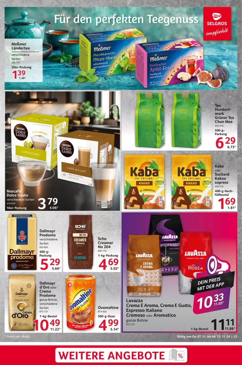 Aktueller Prospekt Selgros - Food - von 07.11 bis 13.11.2024 - strona 21 - produkty: beutel, bohne, dallmayr, dallmayr prodomo, espresso, gin, grüner tee, kakao, Ländertee, lavazza, Meßmer, ovomaltine, prodomo, tee, Ti, ZTE