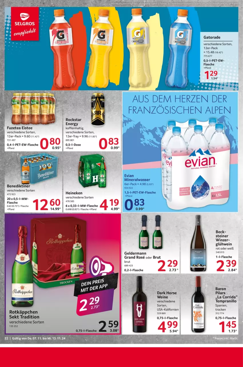 Aktueller Prospekt Selgros - Food - von 07.11 bis 13.11.2024 - strona 22 - produkty: Alwa, Benediktiner, brut, eis, eistee, flasche, fuzetea, geldermann, Glühwein, heineken, mineralwasser, mw-flasche, Rockstar, rotkäppchen, sekt, steiner, tee, tempranillo, Ti, wasser, wein, weine