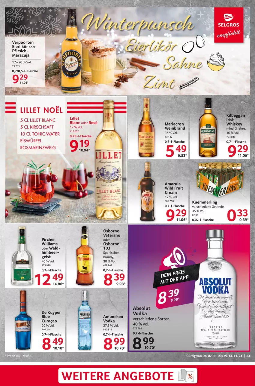 Aktueller Prospekt Selgros - Food - von 07.11 bis 13.11.2024 - strona 23 - produkty: amarula, angebot, angebote, cin, eier, eierlikör, eis, flasche, himbeer, kirsch, kuemmerling, likör, lillet, maracuja, merl, osborne, pfirsich, pircher, rosmarin, saft, tonic, verpoorten, veterano, vodka, wein, weinbrand, Wild