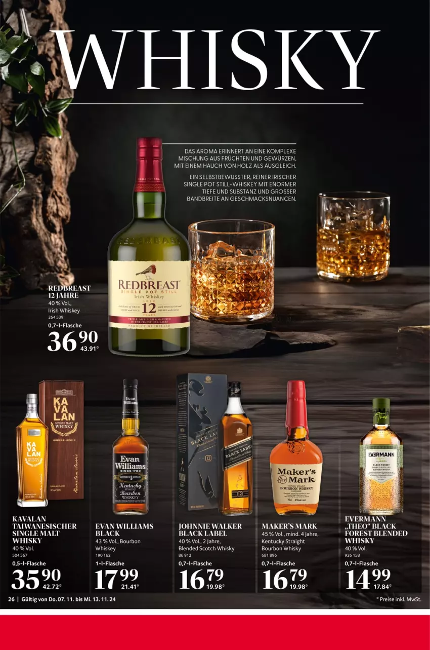 Aktueller Prospekt Selgros - Food - von 07.11 bis 13.11.2024 - strona 26 - produkty: black label, blended scotch, blended scotch whisky, bley, bourbon, Brei, eis, ente, flasche, frucht, Holz, irish whiskey, kentucky straight, lack, mac, Nuance, reis, scotch, scotch whisky, single malt, Ti, tuc, whiskey, whisky