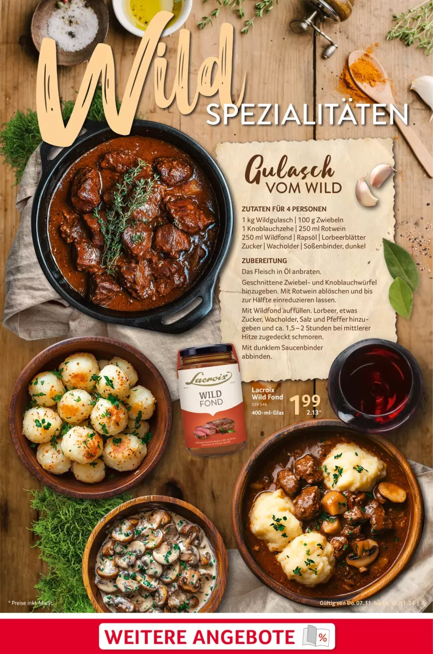 Aktueller Prospekt Selgros - Food - von 07.11 bis 13.11.2024 - strona 7 - produkty: angebot, angebote, binden, braten, eis, fleisch, gulasch, knoblauch, pfeffer, rapsöl, rotwein, salz, sauce, saucen, schnitten, Soße, wein, Wild, würfel, Zelt, zucker, zwiebel, zwiebeln