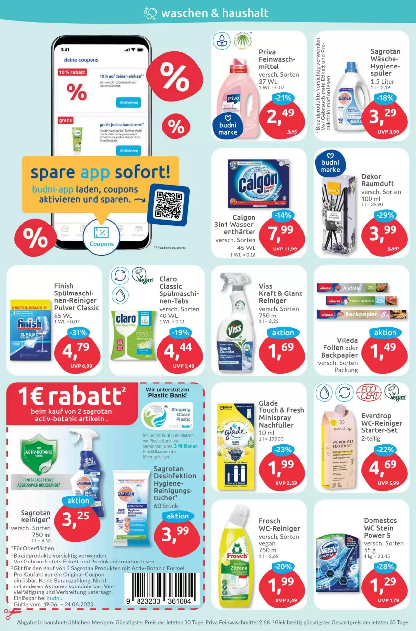 Aktueller Prospekt Budni - Prospekte - von 19.06 bis 24.06.2023 - strona 4 - produkty: asti, Bank, Bau, bio, biozidprodukte, Brei, coupon, coupons, creme, Desinfektion, domestos, eis, Elan, feinwaschmittel, Finish, flasche, Frosch, gin, handcreme, Kamill, kamille, kraft, lion, papier, Rauch, Raumduft, reiniger, reis, rwe, sagrotan, Ti, vileda, waschmittel, wasser, wc-reiniger, ZTE