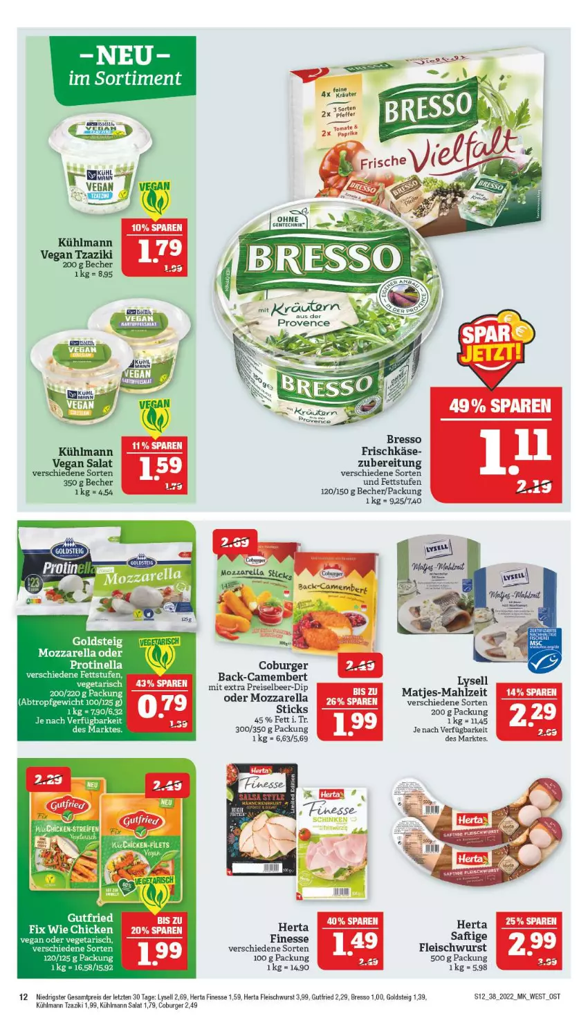 Aktueller Prospekt Marktkauf - Prospekt - von 18.09 bis 24.09.2022 - strona 16 - produkty: Becher, bresso, burger, camembert, dip, eis, finesse, fleisch, fleischwurst, frischkäse, goldsteig, gutfried, herta, herta finesse, Käse, kräuter, kräutern, kühlmann, lysell, matjes, mozzarella, pfeffer, reis, rel, saft, salat, Ti, Vegeta, wurst, zaziki, ZTE