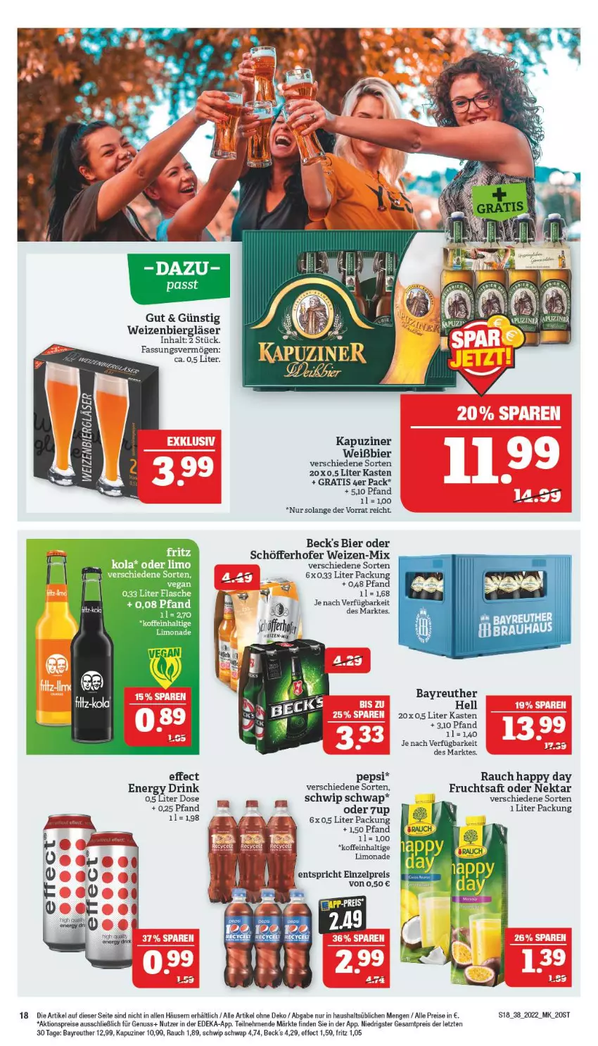 Aktueller Prospekt Marktkauf - Prospekt - von 18.09 bis 24.09.2022 - strona 22 - produkty: 7UP, aktionspreis, beck's, bier, deka, drink, Effect, eis, energy drink, fritz, Gläser, Happy Day, limo, limonade, Nektar, nuss, pepsi, Rauch, reis, saft, schöfferhofer, Schwip Schwap, Ti, ZTE