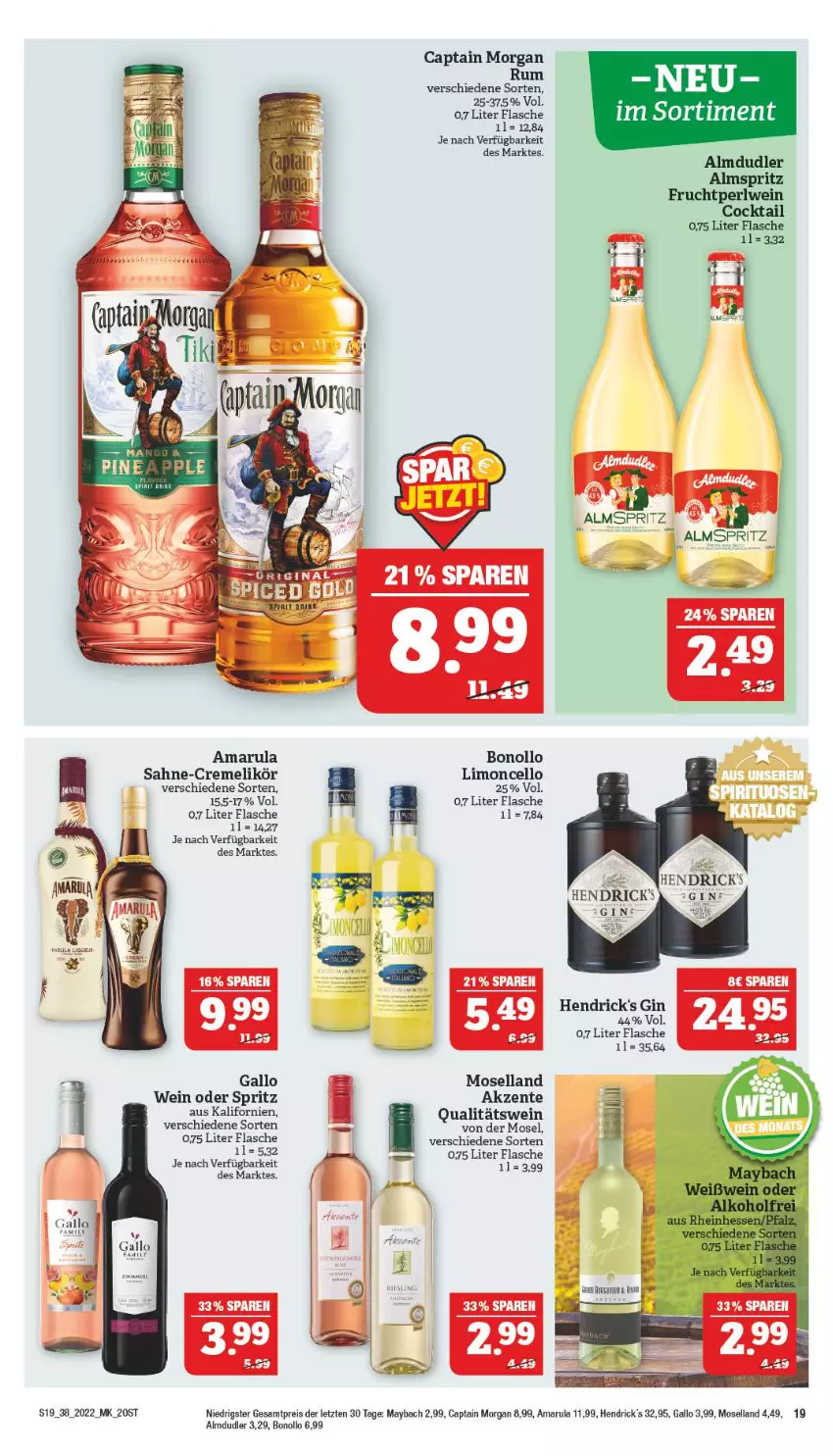 Aktueller Prospekt Marktkauf - Prospekt - von 18.09 bis 24.09.2022 - strona 23 - produkty: almdudler, amarula, Cap, captain morgan, cocktail, creme, eis, ente, flasche, gallo, gin, Hendrick's Gin, likör, limo, maybach, moselland, qualitätswein, reis, rum, sahne, tee, Ti, wein, ZTE