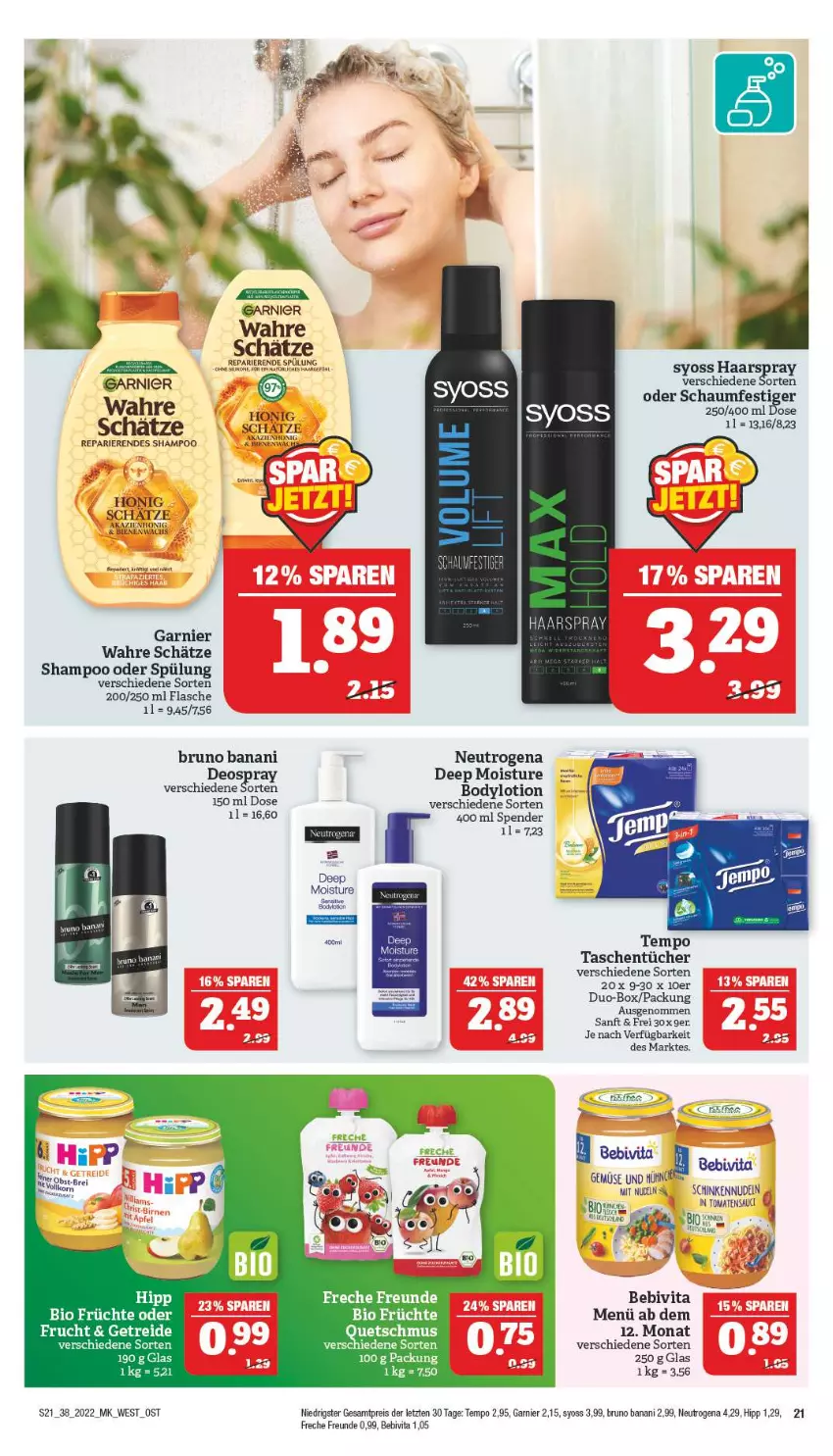 Aktueller Prospekt Marktkauf - Prospekt - von 18.09 bis 24.09.2022 - strona 25 - produkty: bebivita, body, bodylotion, Brei, bruno banani, deo, deospray, eis, flasche, freche freunde, frucht, garnier, haarspray, hipp, honig, korn, Lotion, neutrogena, obst, oder schaumfestiger, reis, schaumfestiger, schinken, shampoo, shampoo oder spülung, spülung, syoss, Tasche, taschen, taschentücher, Tempo, Ti, tomate, tomaten, tücher, vita, Wahre Schätze, Wels, Yo, ZTE