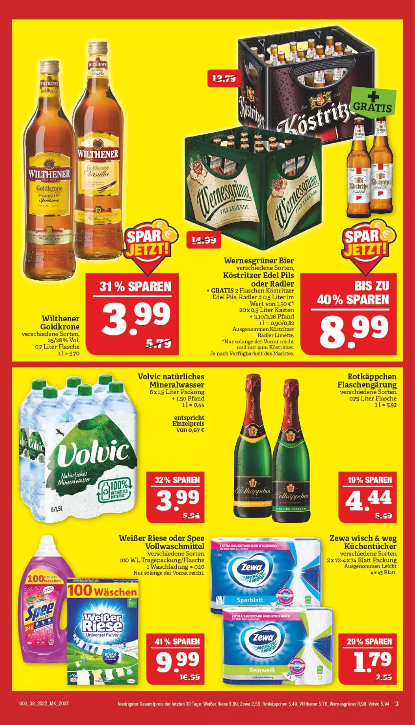 Aktueller Prospekt Marktkauf - Prospekt - von 18.09 bis 24.09.2022 - strona 3 - produkty: Alwa, bier, eis, flasche, goldkrone, köstritzer, krone, küche, Küchen, küchentücher, limette, Mett, mineralwasser, pils, radler, reis, rotkäppchen, spee, tücher, volvic, volvic natürliches, wasser, wilthener, zewa, ZTE