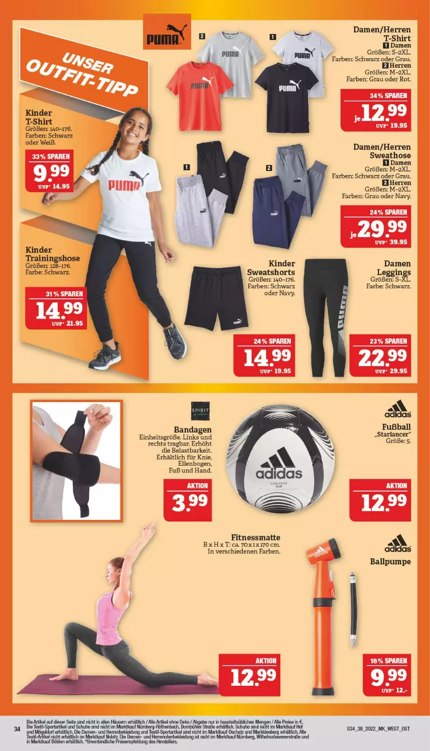 Aktueller Prospekt Marktkauf - Prospekt - von 18.09 bis 24.09.2022 - strona 38 - produkty: arla, ball, eier, eis, elle, Fußball, gin, hose, Kinder, kleid, Kleidung, leggings, puma, reis, schuhe, shirt, shorts, Sweathose, sweatshorts, T-Shirt, teller, Ti, Trainingshose