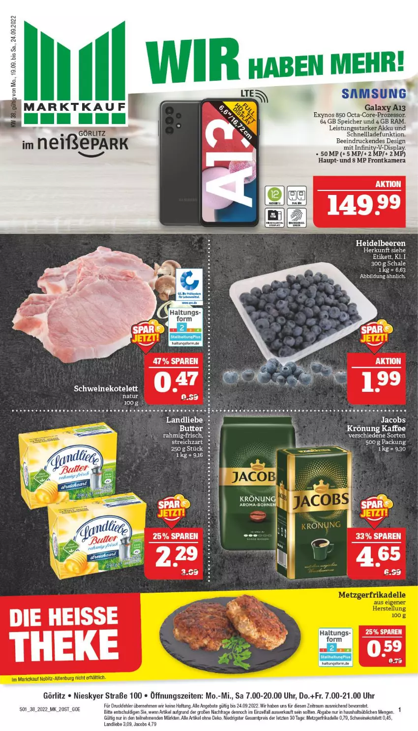 Aktueller Prospekt Marktkauf - Prospekt - von 18.09 bis 24.09.2022 - strona 5 - produkty: akku, angebot, angebote, beere, beeren, bohne, bohnen, dell, eis, elle, frontkamera, heidelbeere, heidelbeeren, jacobs, kaffee, kamera, kotelett, landliebe, natur, reis, Samsung, Schal, Schale, schnellladefunktion, schwein, schweine, schweinekotelett, tee, Ti, uhr, wein, weine, ZTE