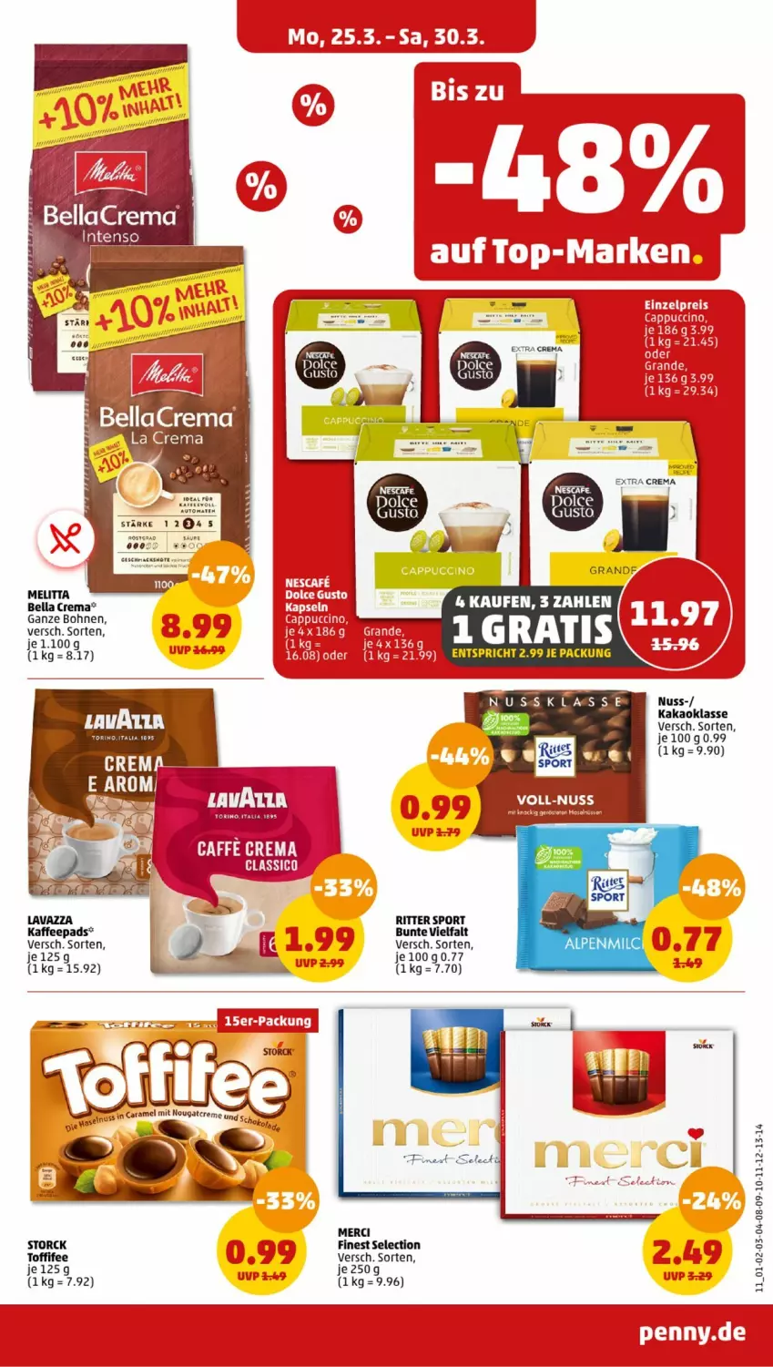 Aktueller Prospekt Penny - Prospekte - von 25.03 bis 30.03.2024 - strona 11 - produkty: bella crema, bellacrema, bohne, bohnen, intenso, kaffee, kaffeepads, kakao, lavazza, LG, melitta, merci, nuss, ritter, ritter sport, Sport, storck, Ti, toffifee, Yo