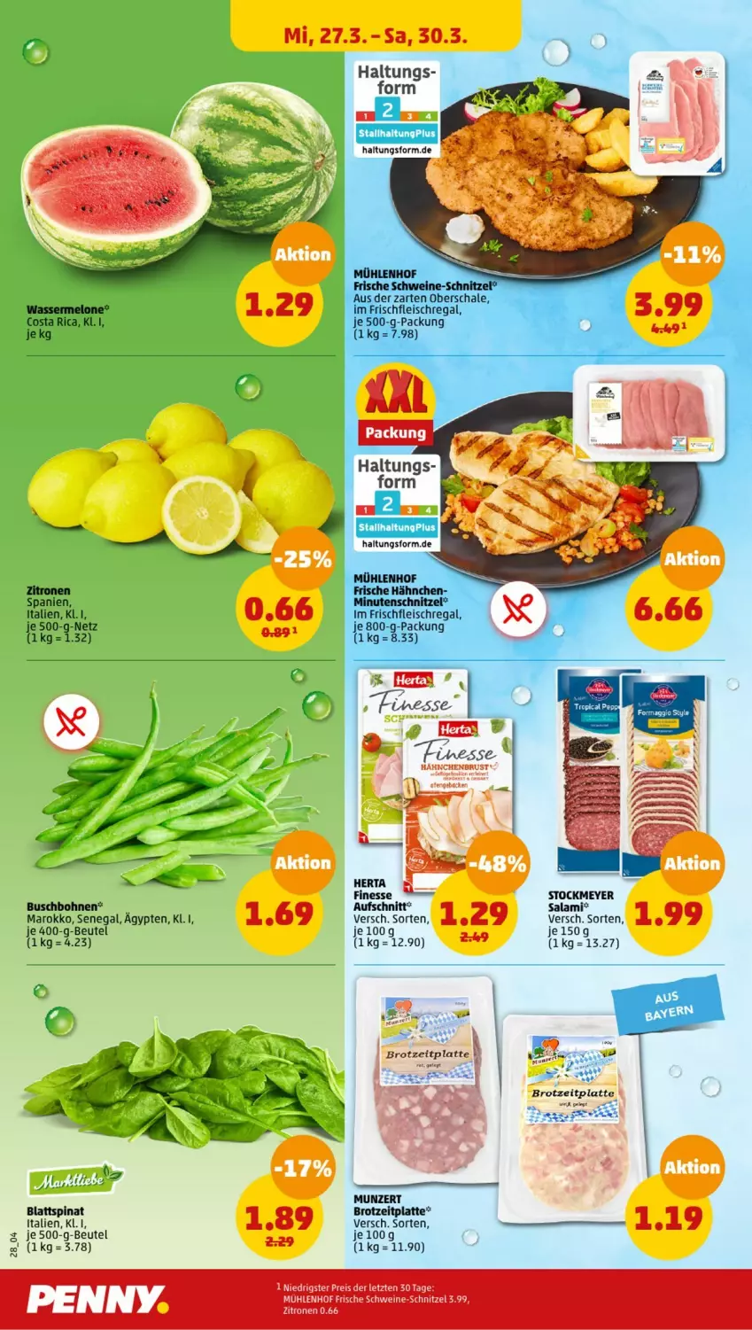 Aktueller Prospekt Penny - Prospekte - von 25.03 bis 30.03.2024 - strona 28 - produkty: aufschnitt, beutel, blattspinat, bohne, bohnen, brot, Buschbohnen, eis, finesse, fleisch, Frische Hähnchen, geback, hähnchenbrust, herta, latte, melone, minutenschnitzel, Ofen, regal, reis, salami, Schal, Schale, schnitzel, schwein, schweine, schweine-schnitzel, spinat, stockmeyer, Ti, wasser, wassermelone, wein, weine, zitrone, zitronen, ZTE