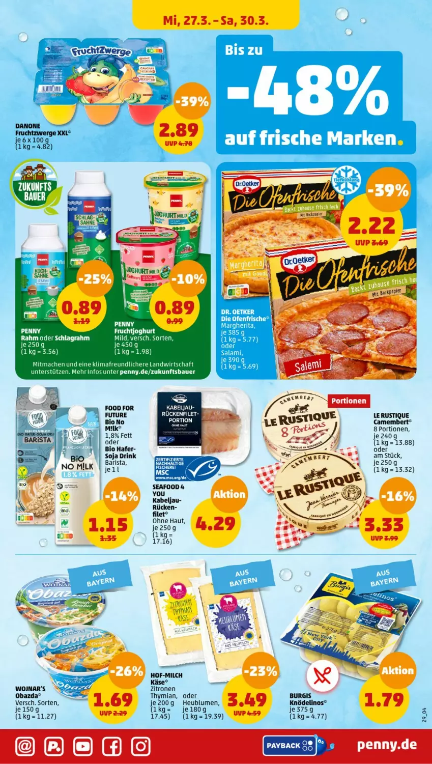 Aktueller Prospekt Penny - Prospekte - von 25.03 bis 30.03.2024 - strona 29 - produkty: auer, Bau, Bauer, bio, camembert, drink, filet, frucht, fruchtzwerge, hafer, Käse, Le Rustique, mac, milch, obazda, schlagrahm, soja, Ti, Yo, zitrone, zitronen