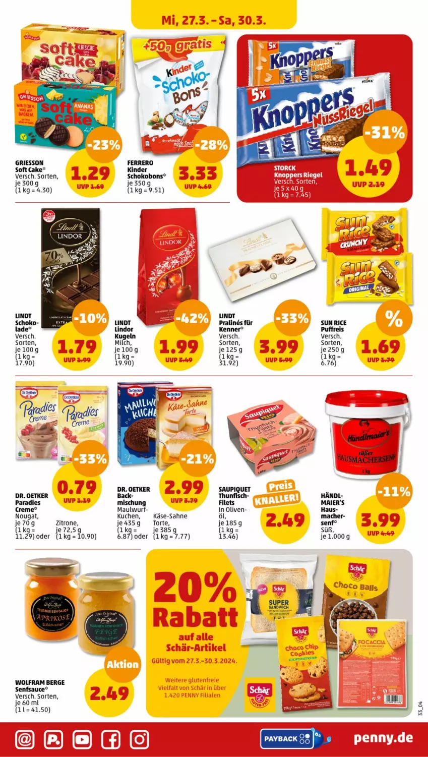 Aktueller Prospekt Penny - Prospekte - von 25.03 bis 30.03.2024 - strona 33 - produkty: creme, Dr. Oetker, eis, ferrero, filet, filets, fisch, griesson, Käse, kuchen, Kugel, lindor, lindt, mac, milch, olive, oliven, reis, sahne, sauce, saupiquet, schoko, senf, thunfisch, torte, zitrone