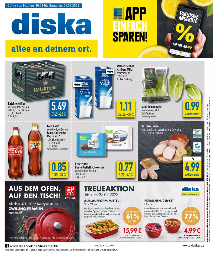 Aktueller Prospekt Diska - Prospekte - von 30.01 bis 04.02.2023 - strona 1 - produkty: angebot, angebote, auer, bier, coca-cola, cola, dessert, desserts, dip, eis, fanta, flasche, haltbare milch, kasseler, Kraut, krone, lachs, limo, limonade, mac, malz, Mezzo Mix, milch, Ofen, reis, ritter, ritter sport, Romanasalat, salat, Sauerkraut, schoko, schokolade, Sport, sprite, Tapas, tee, Ti, tisch, weihenstephan, ZTE