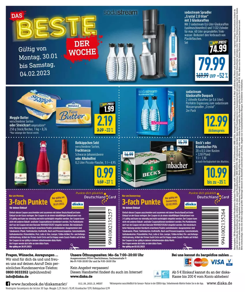 Aktueller Prospekt Diska - Prospekte - von 30.01 bis 04.02.2023 - strona 12 - produkty: aktionspreis, angebot, angebote, asti, Becher, beere, buch, coupon, deka, ecco, eis, ente, erde, flasche, frucht, fruchtsecco, glaskaraffe, guthabenkarte, gutschein, johannisbeere, Karaffe, kraft, krombache, krombacher, krombacher pils, LG, meggle, nuss, pils, Rauch, reis, rotkäppchen, salz, sekt, Soda, sodastream, Sprudel, spülmaschinen, Streichzart, Tchibo, tee, telefon, Ti, uhr, wasser, wassersprudler, ZTE