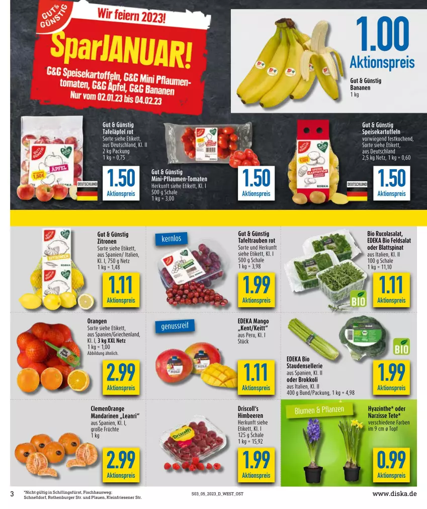 Aktueller Prospekt Diska - Prospekte - von 30.01 bis 04.02.2023 - strona 3 - produkty: aktionspreis, banane, bananen, beere, beeren, bio, blattspinat, brokkoli, burger, cola, deka, edeka bio, eis, elle, feldsalat, fisch, früchte, himbeer, himbeere, himbeeren, kartoffel, kartoffeln, mandarine, mandarinen, mango, orange, orangen, reis, rucola, salat, Schal, Schale, speisekartoffeln, spinat, stauden, tafeltrauben, Ti, topf, trauben