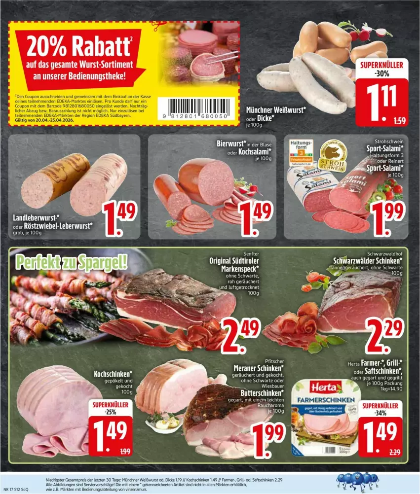 Aktueller Prospekt Edeka - Prospekte - von 20.04 bis 25.04.2026 - strona 14 - produkty: Abtei, auer, Bau, Bauer, eis, ente, farmerschinken, gin, grill, landleberwurst, leberwurst, Rauch, reis, saft, schinken, senf, Speck, südtiroler, Ti, tuner, Weißwurst, wiesbauer, wurst