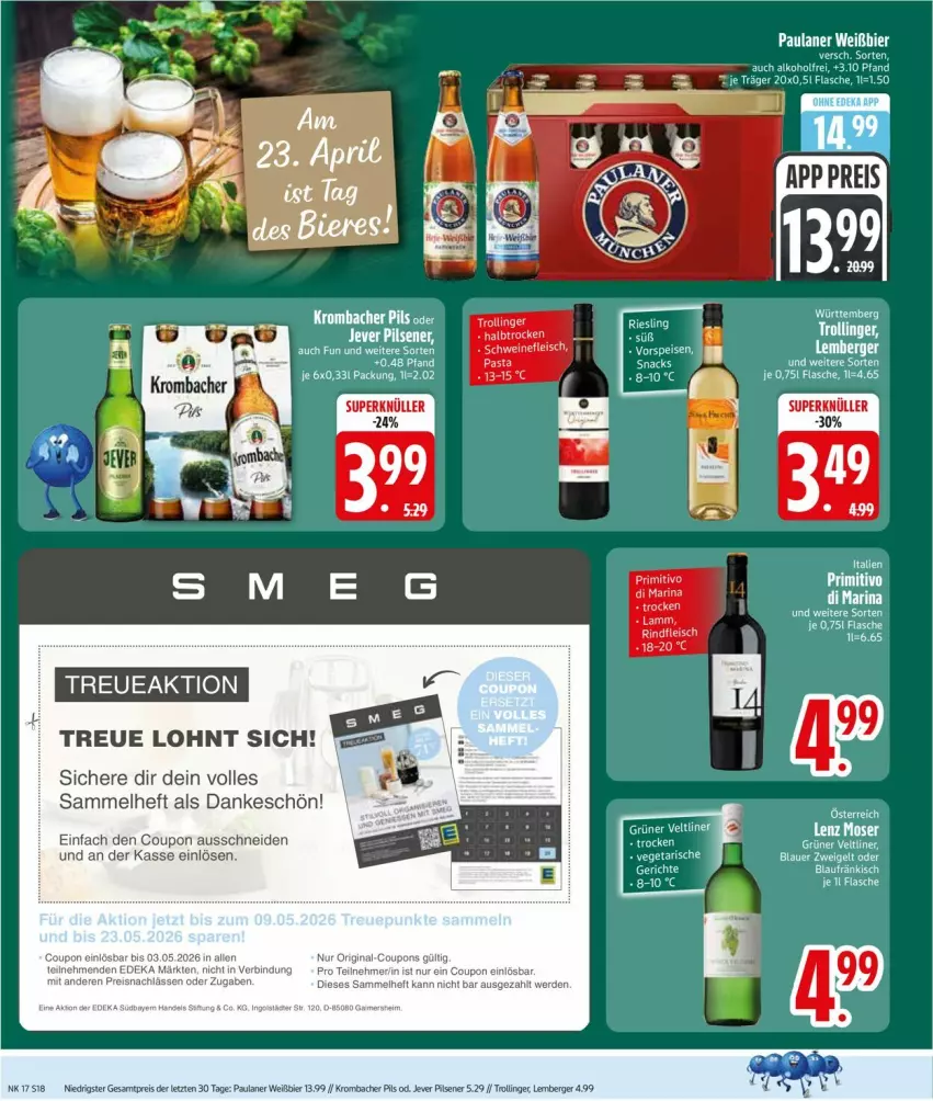 Aktueller Prospekt Edeka - Prospekte - von 20.04 bis 25.04.2026 - strona 20 - produkty: alkohol, auer, Berger, bier, blauer zweigelt, coupon, coupons, deka, eier, eis, erde, flasche, fleisch, gin, jever, jever pilsener, krombache, krombacher, krombacher pils, Paula, paulaner, pils, pilsener, reis, rel, riesling, snack, snacks, Ti, trolli, trollinger, wein, weine, ZTE, Zweigelt