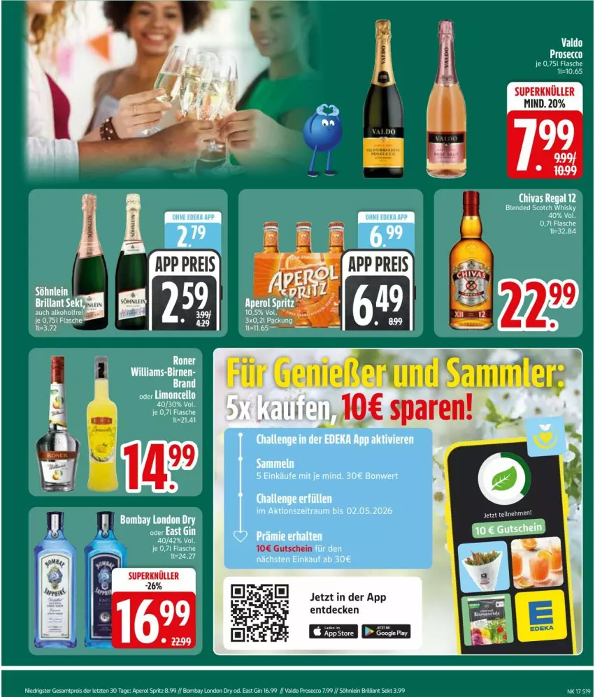 Aktueller Prospekt Edeka - Prospekte - von 20.04 bis 25.04.2026 - strona 21 - produkty: alkohol, aperol, Birnen, brillant sekt, ecco, eis, flasche, gin, gutschein, london dry, prosecco, reis, sekt, söhnlein, söhnlein brillant, valdo, ZTE