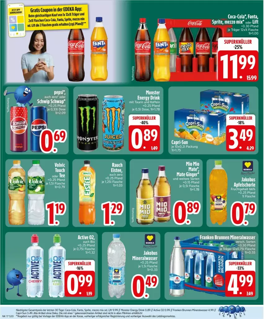Aktueller Prospekt Edeka - Prospekte - von 20.04 bis 25.04.2026 - strona 22 - produkty: Alwa, angebot, apfel, Apfelschorle, brunnen, coca-cola, cola, deka, drink, eis, fanta, flasche, franken brunnen, frucht, gin, ginger, mineralwasser, monster, reis, schorle, Ti, wasser, ZTE