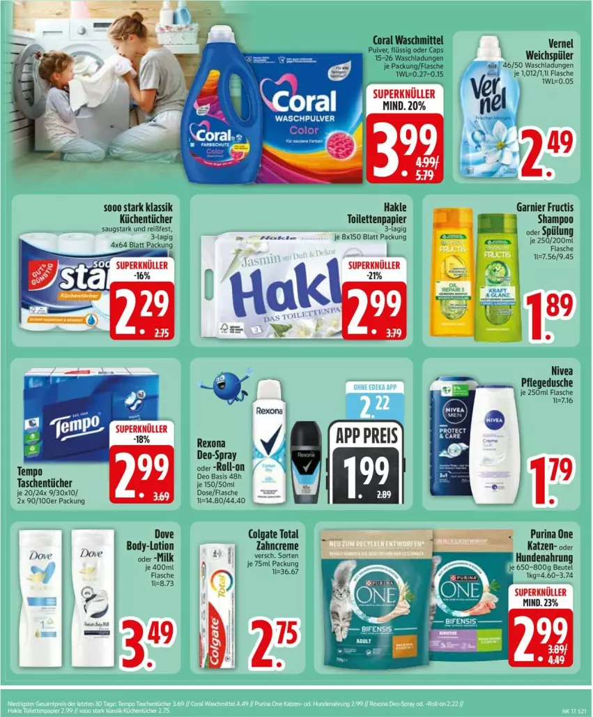 Aktueller Prospekt Edeka - Prospekte - von 20.04 bis 25.04.2026 - strona 23 - produkty: beutel, body, Cap, colgate, colgate total, Coral, creme, deo, dove, dusche, eis, flasche, fructis, garnier, hakle, hundenahrung, küche, Küchen, küchentücher, LG, Lotion, nivea, papier, pflegedusche, purina, reis, roll-on, shampoo, shampoo oder spülung, spülung, Tasche, taschen, taschentücher, Tempo, Ti, toilettenpapier, tücher, vernel, waschmittel, weichspüler, zahncreme
