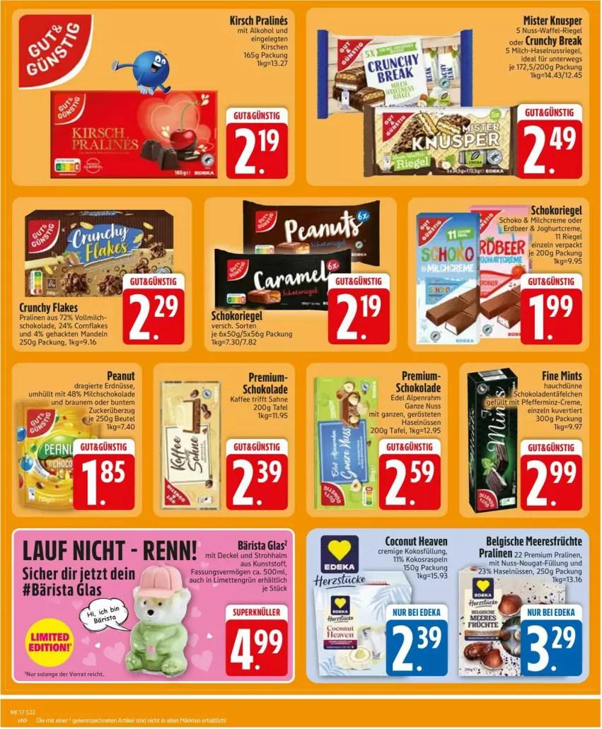 Aktueller Prospekt Edeka - Prospekte - von 20.04 bis 25.04.2026 - strona 24 - produkty: alkohol, beutel, braun, coconut, creme, decke, Deckel, flakes, früchte, haselnuss, joghur, joghurt, kaffee, kirsch, kirsche, kirschen, kokos, LG, limette, limetten, mandel, mandeln, meeresfrüchte, Mett, metten, milch, nuss, nussriegel, pralinen, riegel, rwe, sahne, schoko, schokolade, schokoriegel, Ti, vollmilch, zucker