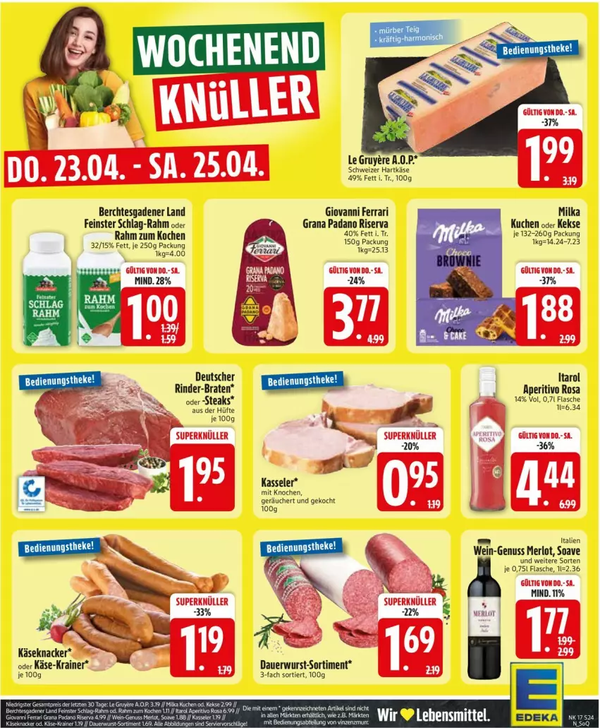 Aktueller Prospekt Edeka - Prospekte - von 20.04 bis 25.04.2026 - strona 26 - produkty: Abtei, auer, braten, flasche, grana, grana padano, hartkäse, Käse, kasseler, keks, kekse, knacker, kuchen, merl, merlot, milka, nuss, padano, Rana, rind, rinder, riserva, schweizer hartkäse, steak, steaks, Ti, wein, wurst