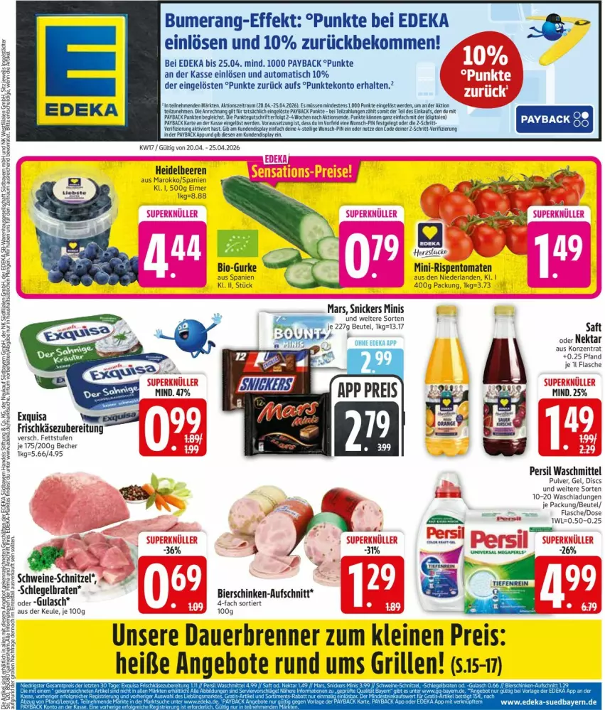 Aktueller Prospekt Edeka - Prospekte - von 20.04 bis 25.04.2026 - strona 3 - produkty: angebot, angebote, auer, aufschnitt, auto, Becher, beere, beeren, beko, beutel, bier, bierschinken, bio, deka, eimer, eis, erde, flasche, frischkäse, frischkäsezubereitung, grill, gurke, heidelbeere, heidelbeeren, Käse, leine, mars, Nektar, payback, persil, persil waschmittel, reis, rispentomaten, saft, schinken, snickers, Ti, tisch, tomate, tomaten, waschmittel