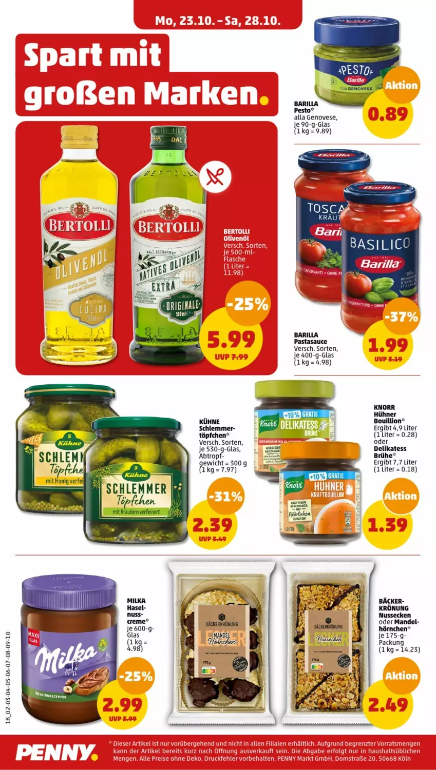 Aktueller Prospekt Penny - Prospekte - von 23.10 bis 28.10.2023 - strona 18 - produkty: barilla, Brühe, genovese, hörnchen, hühner, knorr, Kühne, lion, mandel, nuss, pasta, sauce, Töpfchen