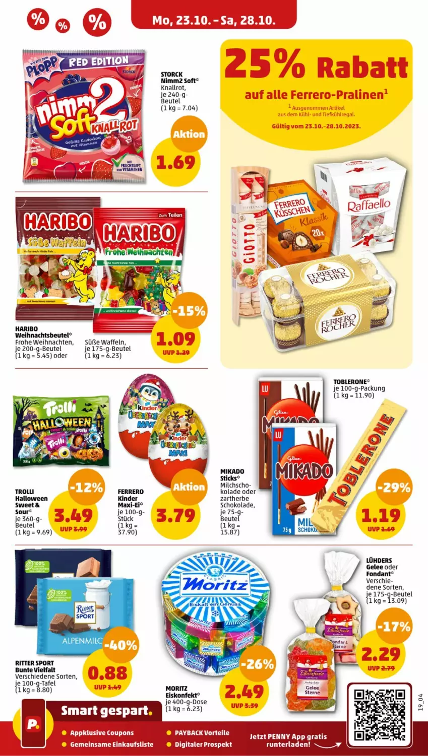 Aktueller Prospekt Penny - Prospekte - von 23.10 bis 28.10.2023 - strona 19 - produkty: beutel, eier, ferrero, gelee, haribo, Kinder, milch, nimm2, ritter, ritter sport, schoko, schokolade, Sport, storck, Ti, toblerone, trolli, waffeln, weihnachten