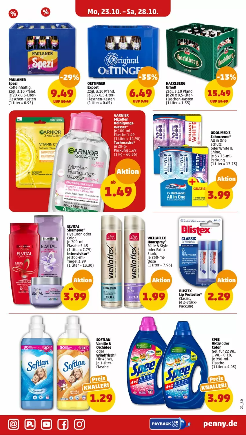 Aktueller Prospekt Penny - Prospekte - von 23.10 bis 28.10.2023 - strona 21 - produkty: aloe vera, creme, Dior, elle, elvital, flasche, flaschen-kasten, haarspray, hyaluron, mizellen, Odol, oettinger, orchidee, Paula, paulaner, payback, rum, shampoo, Softlan, spee, Spezi, Ti, tuc, vanille, vita, Vitamin C, wasser, Wella, wellaflex, zahncreme