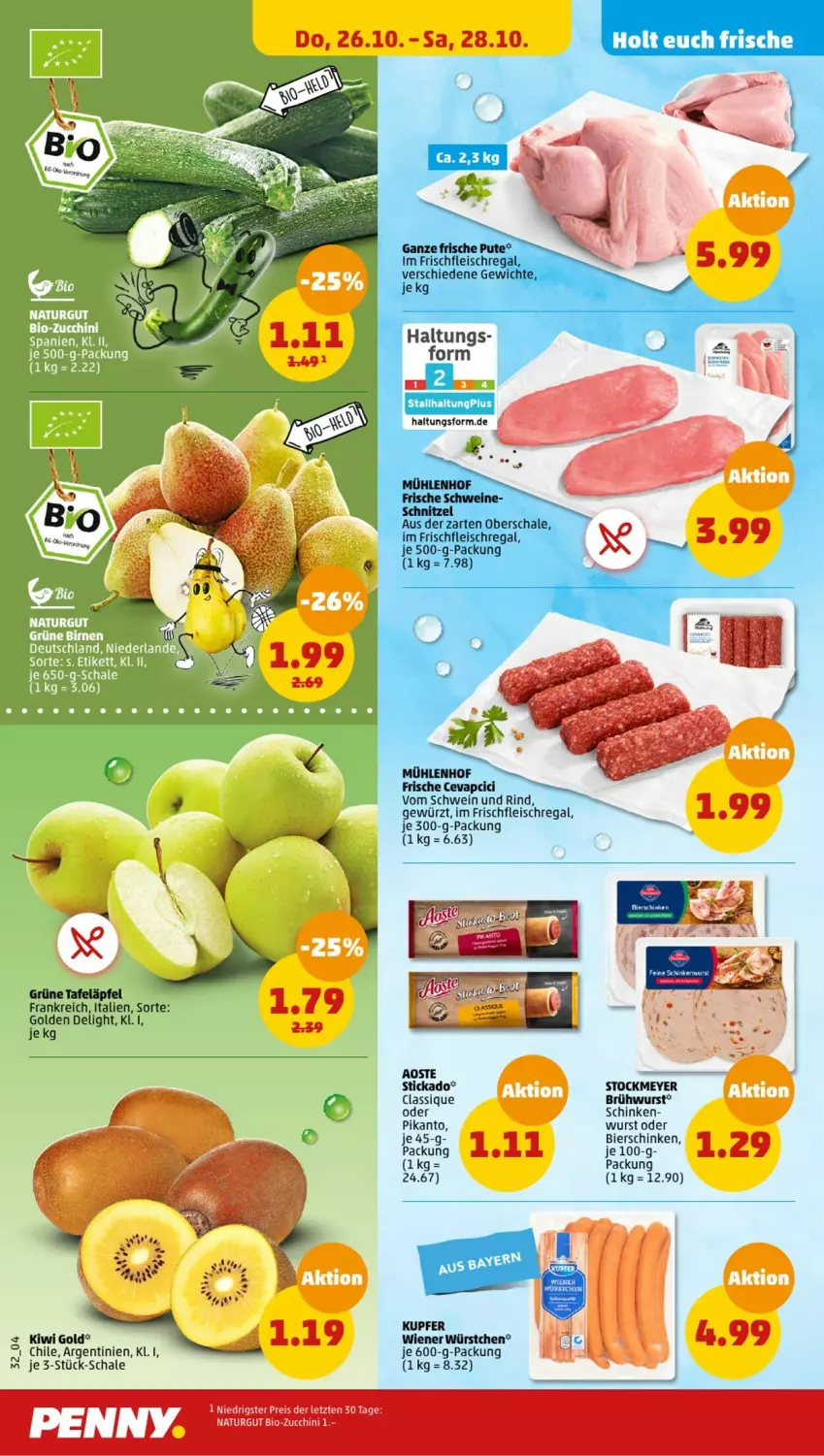 Aktueller Prospekt Penny - Prospekte - von 23.10 bis 28.10.2023 - strona 34 - produkty: bier, bierschinken, bio, bio-zucchini, Brühwurst, cevapcici, eis, fleisch, gewürz, kiwi, Kiwi Gold, natur, pute, regal, reis, rind, Schal, Schale, schinken, schwein, schwein und rind, schweine, stickado, stockmeyer, tafeläpfel, Ti, vom schwein und rind, wein, weine, wiener, wiener würstchen, wurst, würstchen, ZTE, zucchini