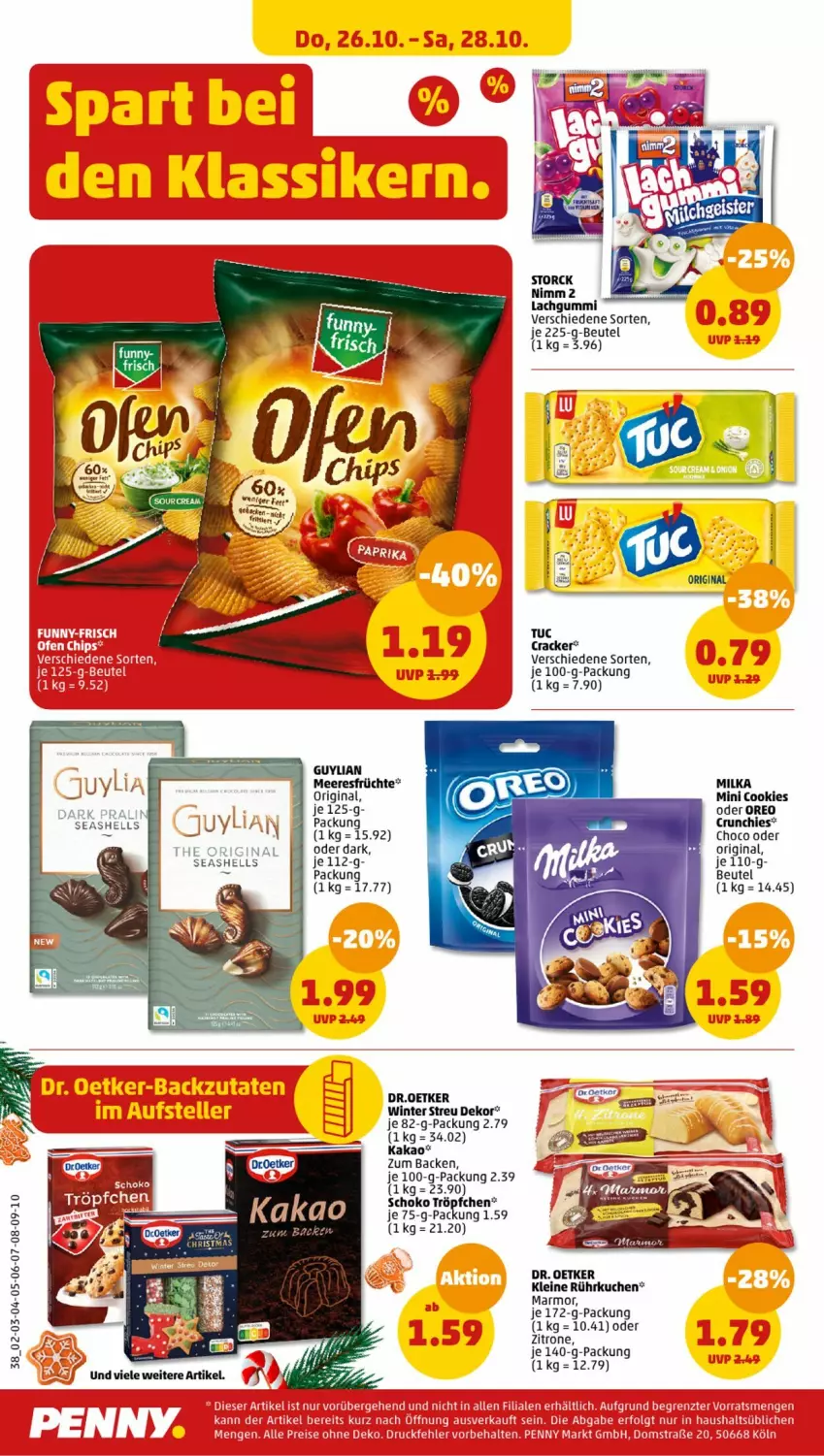 Aktueller Prospekt Penny - Prospekte - von 23.10 bis 28.10.2023 - strona 40 - produkty: beutel, cookie, cookies, cracker, Dr. Oetker, früchte, gin, kakao, kuchen, lachgummi, leine, meeresfrüchte, milka, Nimm 2, oreo, schoko, storck, tuc, zitrone