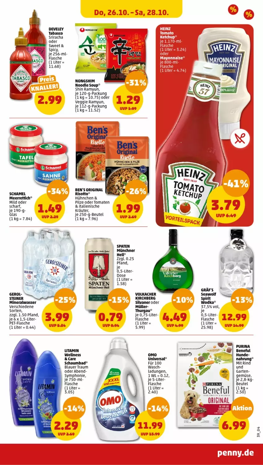 Aktueller Prospekt Penny - Prospekte - von 23.10 bis 28.10.2023 - strona 41 - produkty: Alwa, auer, Bad, Ben’s Original, beutel, develey, flasche, Garten, gin, heinz, kräuter, meerrettich, mineralwasser, Müller, pet-flasche, pilze, purina, Rettich, rind, risotto, schamel, schaumbad, silvaner, Spaten, Sriracha, steiner, tabasco, Ti, tomate, tomaten, veggie, wasser, wodka