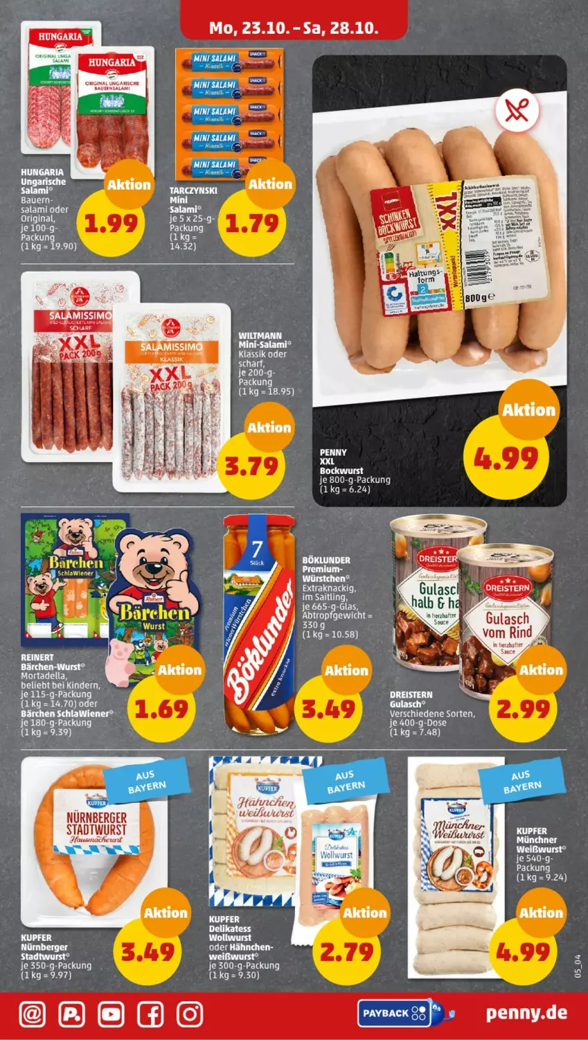 Aktueller Prospekt Penny - Prospekte - von 23.10 bis 28.10.2023 - strona 5 - produkty: auer, Bau, Bauer, Berger, bockwurst, böklunder, dreistern, eis, gin, gulasch, Hausmacher, Kinder, mac, nürnberger, reis, rind, salami, Ti, Weißwurst, wiener, wurst, würstchen