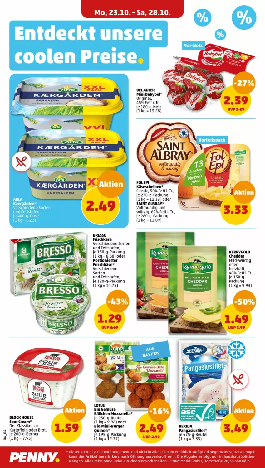 Aktueller Prospekt Penny - Prospekte - von 23.10 bis 28.10.2023 - strona 6 - produkty: albray, babybel, Becher, beutel, bio, bio gemüse, bresso, brot, burger, cheddar, eis, frischkäse, gin, kartoffel, kartoffeln, Käse, käsescheiben, kerrygold, LG, mini babybel, mozzarella, quinoa, reis, rel, saint albray, sour cream, tee, Ti, ZTE