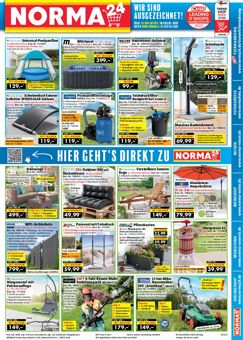 Aktueller Prospekt Norma - Norma - von 11.08 bis 28.08.2022 - strona 1 - produkty: akku, ampelschirm, angebot, apfel, auer, auto, Bad, Bau, beere, beeren, beistelltisch, bio, braun, bürste, bürsten, dusche, eis, ente, erde, Finish, gefu, glasplatte, gsw, hängesessel, heckenschere, Holz, Kette, kissen, korb, kraft, ladegerät, latte, LG, Liege, mam, Motorsense, ndk, obst, Palette, Paravent, pavillon, Pflanzkasten, pool, rasen, rasenmäher, rasentrimmer, Reinigung, reis, Ria, Roller, Rückenkissen, rückenlehne, rwe, sac, sandfilteranlage, Schal, Schere, schlauch, sekt, senf, sessel, sitzkissen, Sofa, sonnenliege, sonnenschutz, spee, Spezi, Tasche, Ti, tiernahrung, tisch, tragetasche, uv-schutz, wasser, wein, weine, weinshop, Whirlpool, Windschutz