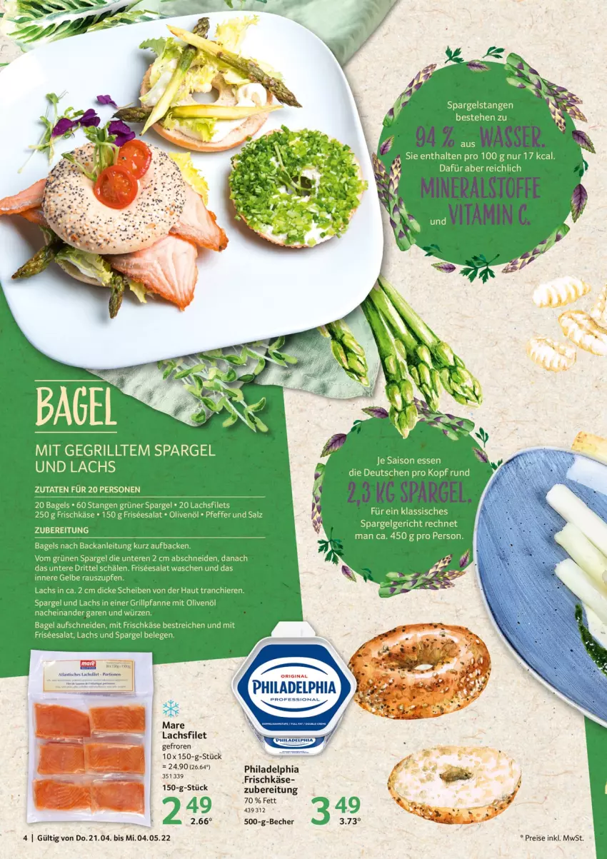 Aktueller Prospekt Selgros - Spargelzeit - von 21.04 bis 04.05.2022 - strona 4 - produkty: Bagel, Becher, eis, filet, filets, frischkäse, grill, Grillpfanne, grüner spargel, Käse, lachs, lachsfilet, lachsfilets, LG, olive, oliven, olivenöl, pfanne, pfeffer, philadelphia, reis, salat, salz, spargel, Ti, tisch