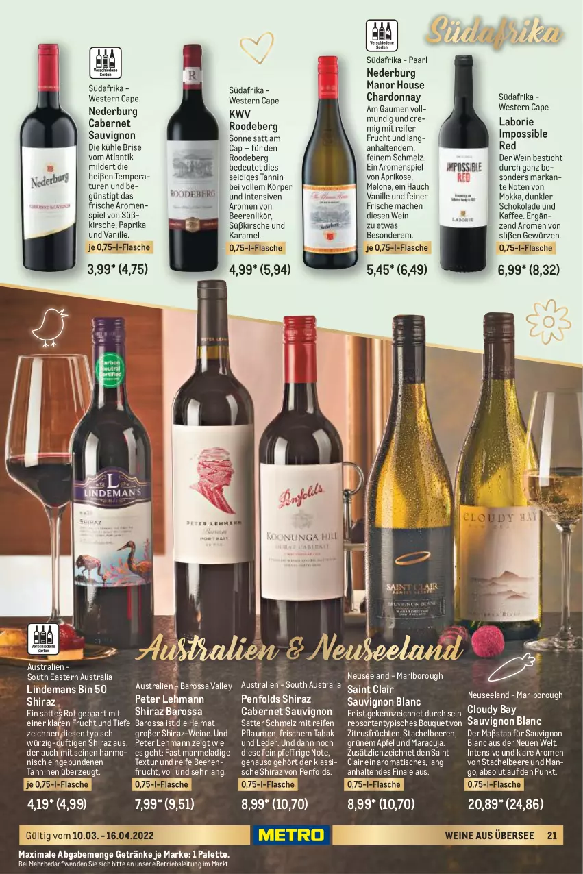 Aktueller Prospekt Metro - Erlesene Tropfen Spezial - von 10.03 bis 16.04.2022 - strona 21 - produkty: apfel, aprikose, aust, beere, beeren, cabernet, cabernet sauvignon, Cap, chardonnay, Elan, flasche, frucht, früchte, früchten, getränk, getränke, gewürz, kaffee, kirsch, kirsche, likör, mac, mango, maracuja, melone, nederburg, Palette, paprika, pflaume, pflaumen, reifen, sauvignon, sauvignon blanc, schoko, schokolade, Stachelbeeren, Ti, tisch, vanille, wein, weine, Weste