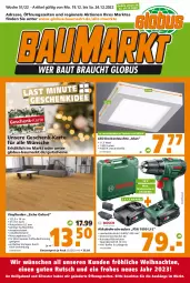 Gazetka promocyjna - Prospekt für Globus Baumarkt Achern - Gazetka - ważna od 24.12 do 24.12.2022 - strona 1 - produkty: akku, Bau, Bohrschrauber, decke, deckenleuchte, dell, eis, gutschein, gutscheine, koffer, ladegerät, LED Deckenleuchte, Leuchte, Mode, reis, ring, Ti, vinylboden, wasser, weihnachten